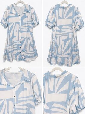 Light Blue & White Abstract Button-Front Dress